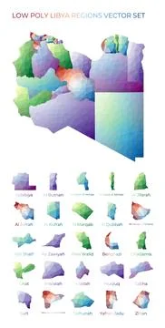 Libyan low poly regions. Polygonal map of Libya with regions. Geometric map.. Stock Illustration