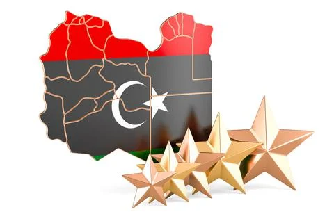 Libyan map with five stars. Rating, quality, service in Libya. 3D rendering Stock Illustration