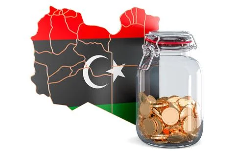 Libyan map with glass jar full of golden coins, 3D rendering Stock Illustration