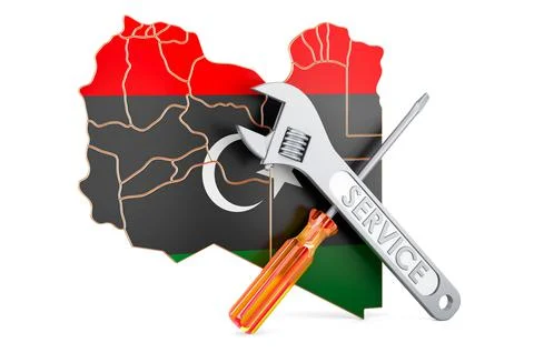 Libyan map with screwdriver and wrench, 3D rendering Stock Illustration