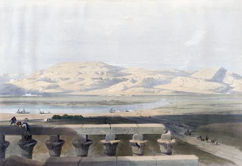 Libyan mountain range, seen from the Luxor temple, Egypt, around 1850, Stock Illustration