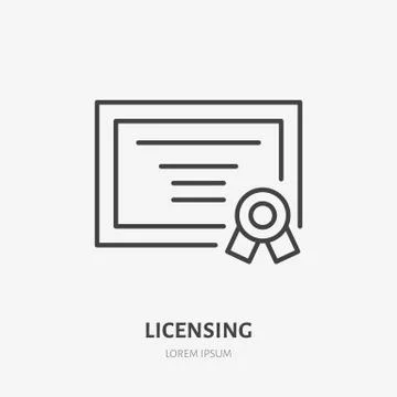 Licensing flat line icon. Certificate sign, patent illustration. Thin linear Illustrazione stock