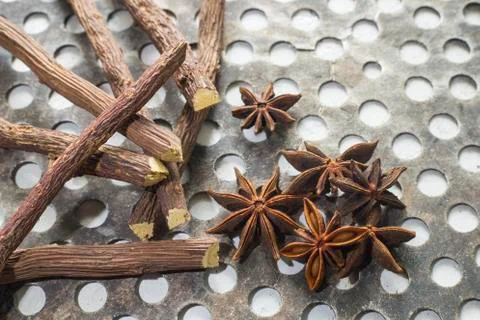 Licorice root and anise on the table - Glycyrrhiza glabra Stock Photos