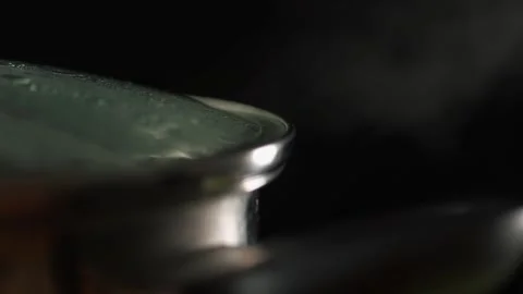 Lid on Simmering Pot, Kitchen Steam Detail. Stock Footage 261806459