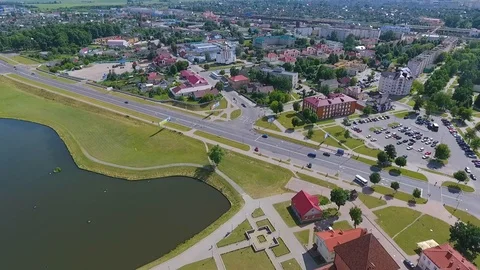 Lida castle from red brick and stone, Grodno region, Belarus. Aerial view Stock Footage 97741535