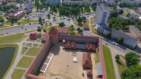 Lida castle from red brick and stone, Grodno region, Belarus. Aerial view Stock Footage 97741704
