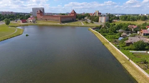 Lida castle from red brick and stone, Grodno region, Belarus. Aerial view Stock Footage 97741726