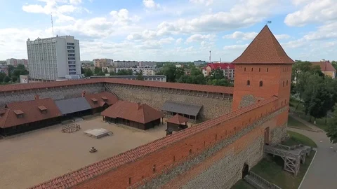 Lida castle from red brick and stone, Grodno region, Belarus. Aerial view Stock Footage 97741729