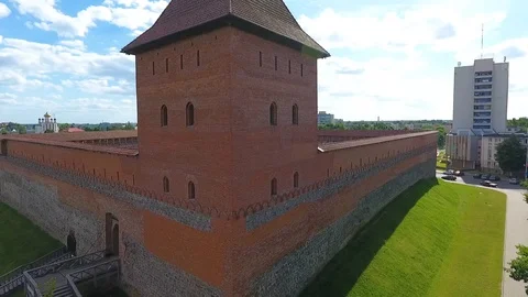 Lida castle from red brick and stone, Grodno region, Belarus. Aerial view Stock-Footage 97741766
