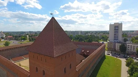Lida castle from red brick and stone, Grodno region, Belarus. Aerial view Stock Footage 97741794