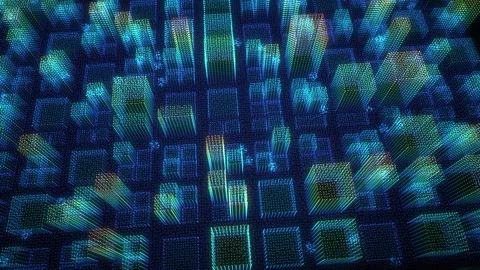 LiDAR point cloud city colored by height in a low flyover as scan pulses swee Stockbeeldmateriaal 346912652