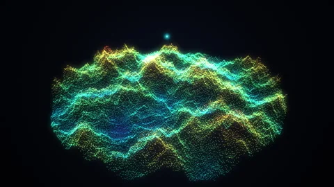 LiDAR point cloud of mountain terrain colored by height with pulsing scan r.. Stockbeeldmateriaal 346909314