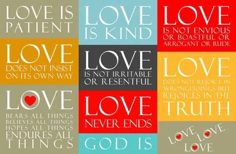 Liebe Patchwork Poster Illustration des 1. Korintherbriefs 13:4-8 und des ... 스톡 사진