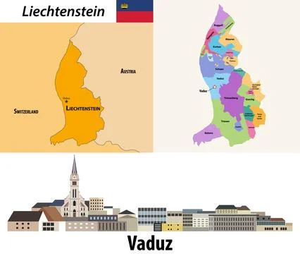 Liechtenstein administrative divisions map. Flat style cityscape of Vaduz. .. Stock Illustration