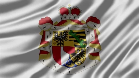 Liechtenstein coat of arms centered on a white waving fabric background Stockbeeldmateriaal 344041495
