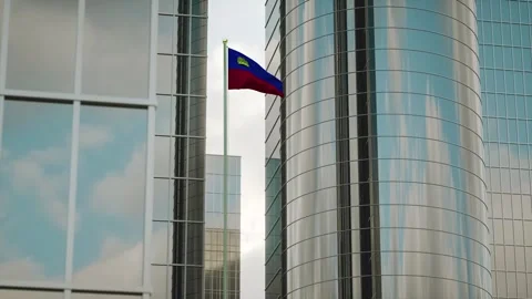 Liechtenstein Flag 3D Render Animation on Pole with City Buildings Stock Footage 332308536