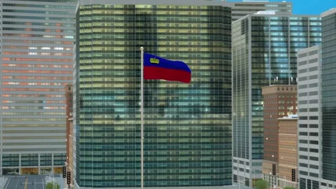 Liechtenstein Flag 3D Render Animation on Pole with Modern Business District Stock Footage 332878508