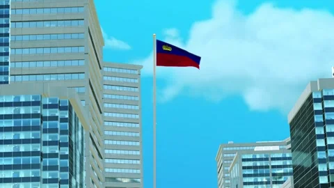 Liechtenstein Flag 3D Render Animation with Urban Architecture and Clear Blu Stock Footage 332887874