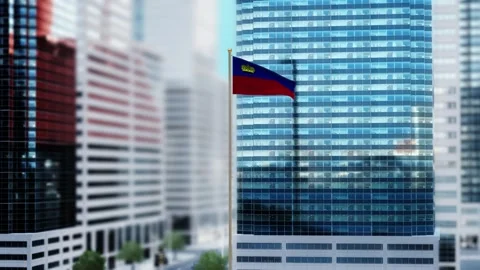 Liechtenstein Flag 3D Render Animation Waving in Front of Modern Glass Build Video stock 332950234