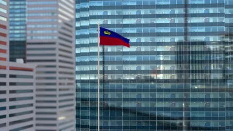 Liechtenstein Flag 3D Render Animation Waving Against Glass Office Building  Stock Footage 333023395