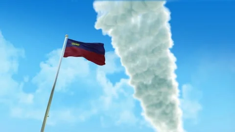 Liechtenstein Flag 3D Render Animation on Pole with Fighter Jets Smoke Trail Stock Footage 333230427