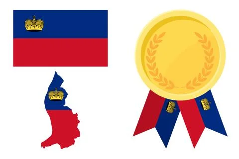 Liechtenstein flag with map and gold medal in set for web and banners or ap.. Stock Illustration