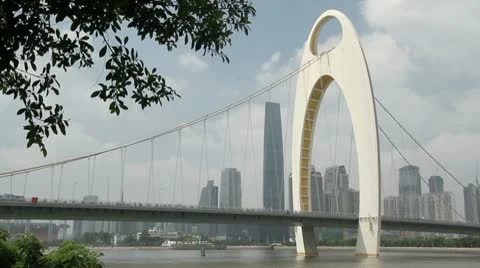 Liede Bridge and Guangzhou Skyline Stock Footage