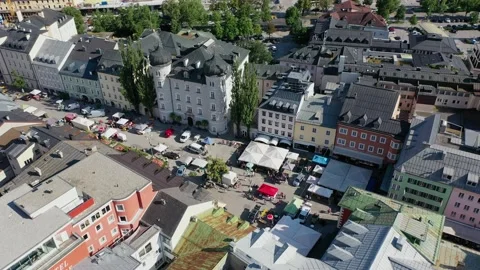 Lienz, Tirol, Austria - 11 July 2021: Drone view of street market on Hautplatz Stock Footage 196194652