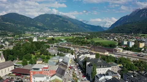 Lienz, Tirol, Austria - 11 July 2021: Drone view of street market on Hautplatz Stock Footage 196196611