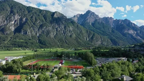 Lienz, Tirol, Austria - 19 July 2021: Drone view at the stadium Dolomitenstadion Stock Footage 196132004