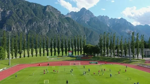 Lienz, Tirol, Austria - 19 July 2021: Drone view at the stadium Dolomitenstadion Stock Footage 196194611