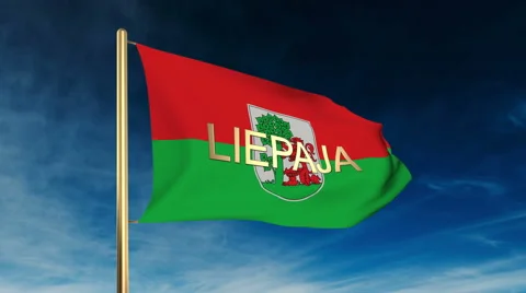 Liepaja flag slider style with title. Waving in the wind with cloud background Video stock 48320356