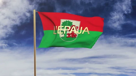 Liepaja flag with title waving in the wind. Looping sun rises style.  Animation Stock Footage 48321583
