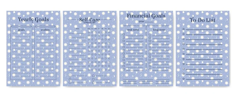 Life and study planner blue paper sheets. Worksheet template set with heave.. Illustrazione stock