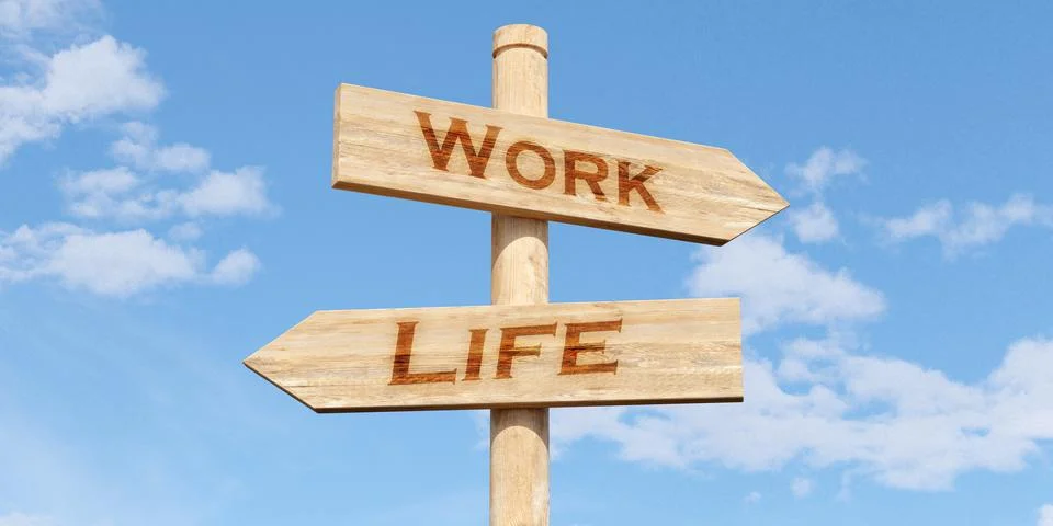 Life and work text on wooden sign post with sky background, life work balan.. Stock Illustration