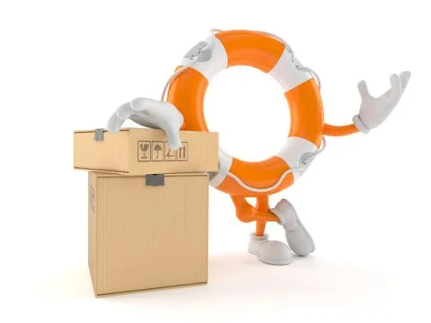 Life buoy character with stack of boxes Stockillustratie