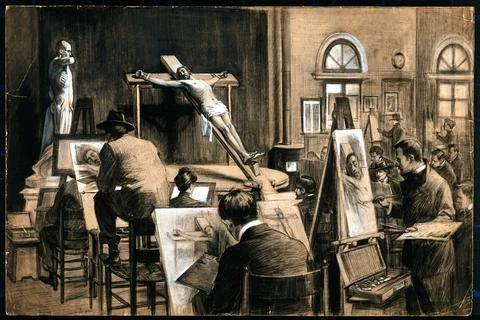 A life class in Rome with a model posed as a crucified man with an corch fi.. Illustrazione stock