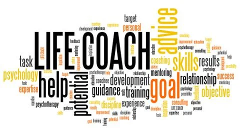 Life coach - personal development training word cloud. Illustrazione stock