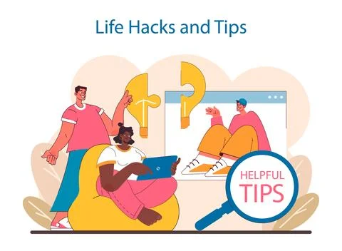 Life Hacks and Tips set. Everyday tasks with creative solutions. Illustrazione stock