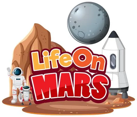 Life on Mars Mars word logo design with astronaut and planet Illustrazione stock