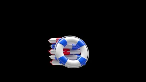 A life preserver next to a stack of life preservers on black. 3D animation Video stock 336203218