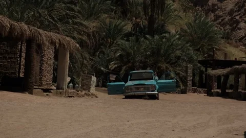 Life in a remote desert oasis featuring weathered blue vehicle among palm trees Видео 346248182