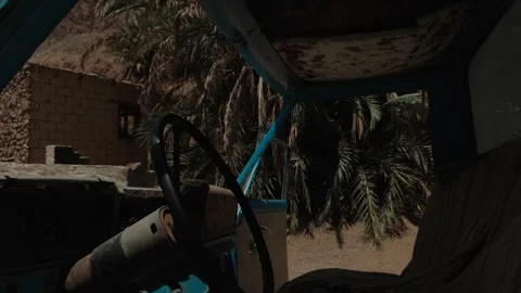 Life in a remote desert oasis from inside an old vehicle overlooking palm grove Stock-Footage 346248526