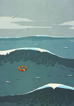 Life ring floating over choppy ocean between stormy waves Ilustração Stock