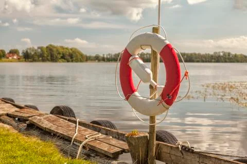 Life ring by lake 스톡 사진