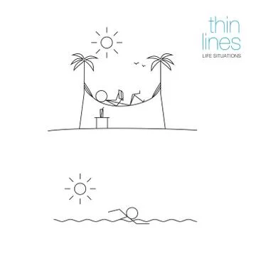 Life situations in thin lines. A man lies on a hammock and reads a book. A ma Stock-Illustration