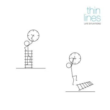 Life situations in thin lines. Man changing time on big wall clock Stock Illustration