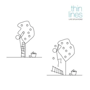 Life situations in thin lines. Man picks apples Stock Illustration