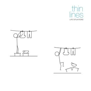 Life situations in thin lines. Man hangs laundry Stock Illustration
