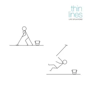 Life situations in thin lines. Man washes the floor Stock Illustration